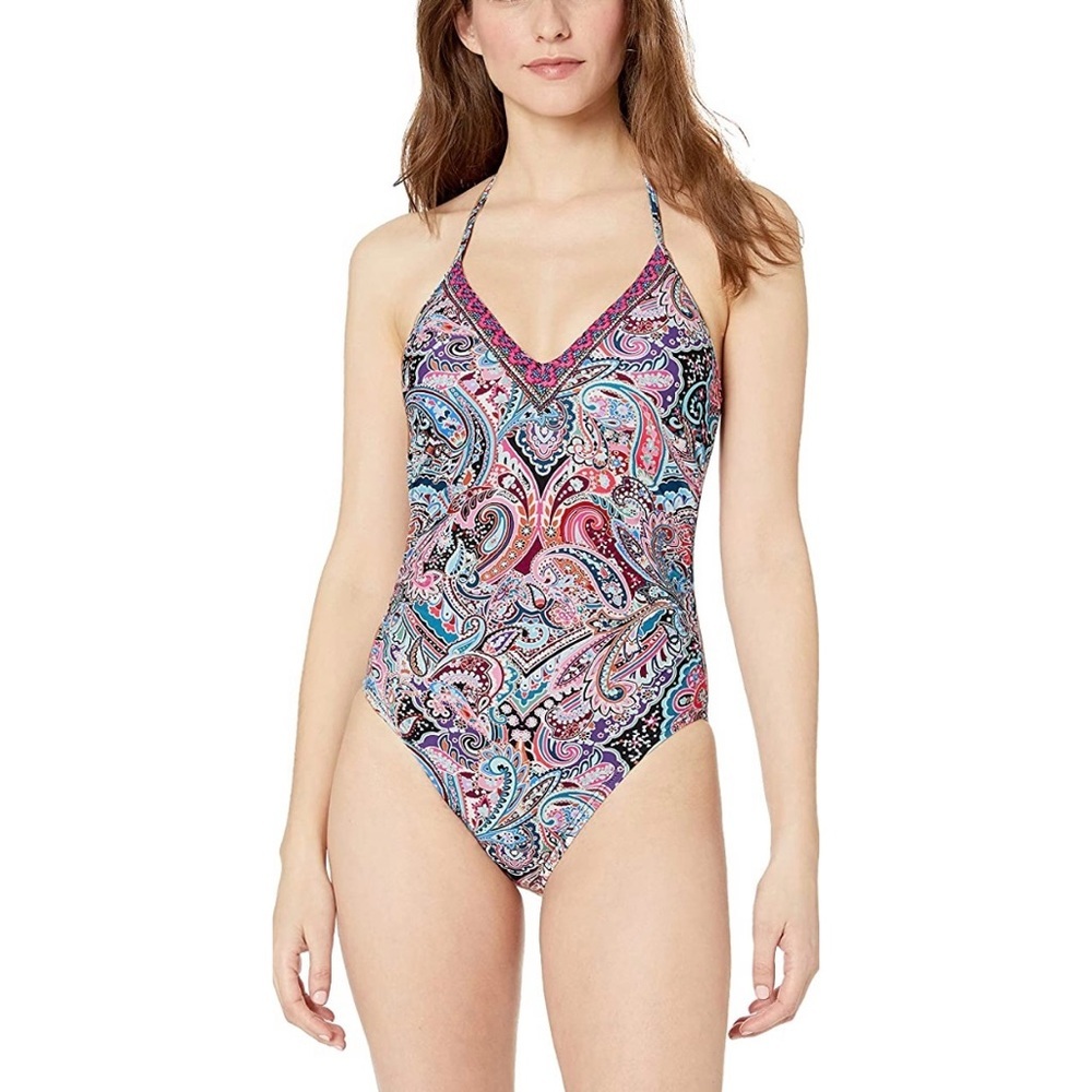Sold La Blanca Purple Paisley Halter V Neck Tummy Control One Piece Swimsuit - Picture 7 of 8
